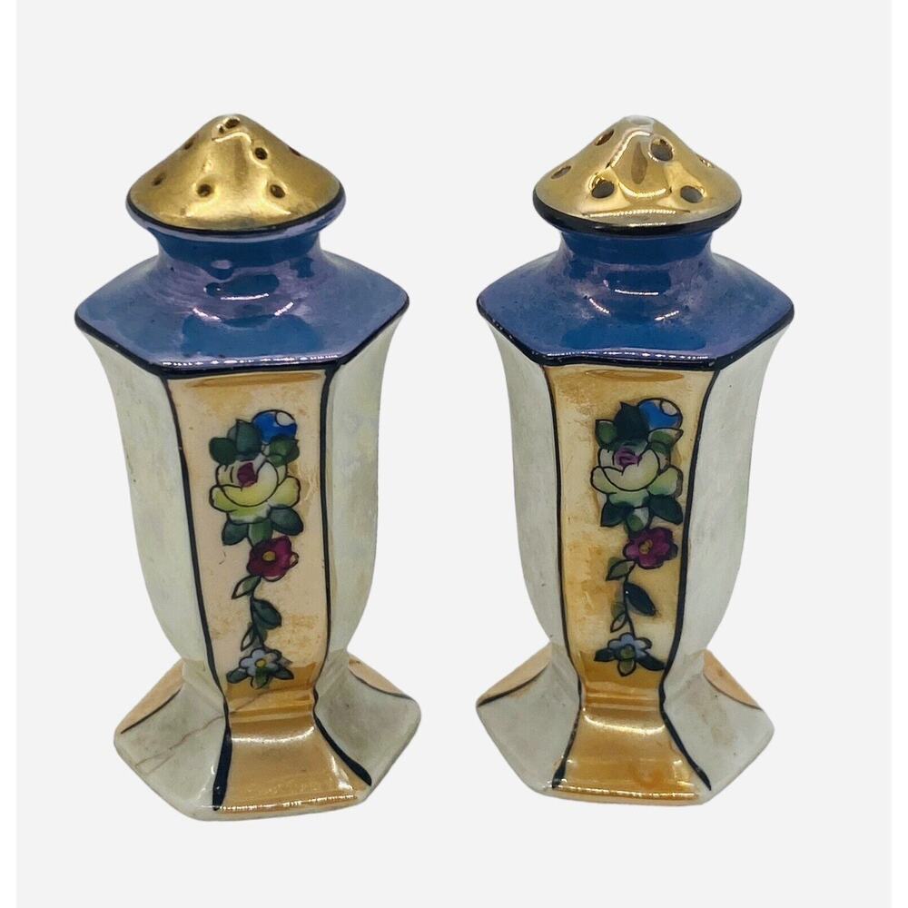 Japan Lusterware Salt & Pepper Shakers Handpainted Gilded Ornate Set Vintage